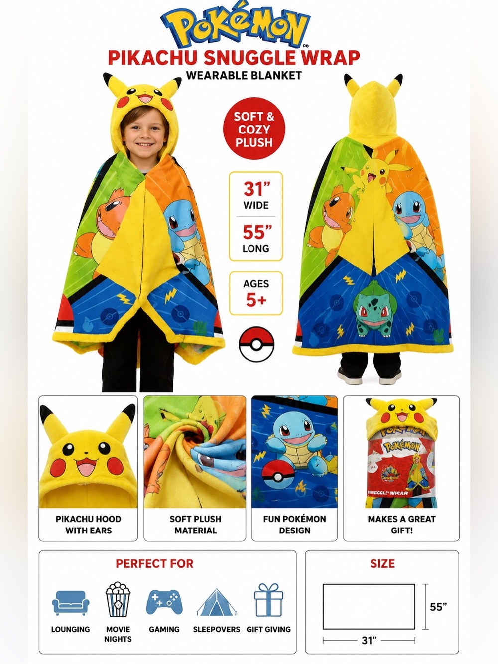 Pokemon Pikachu Hooded Snuggle Wrap Wearable Blanket Kids 31" x 55" Yellow New